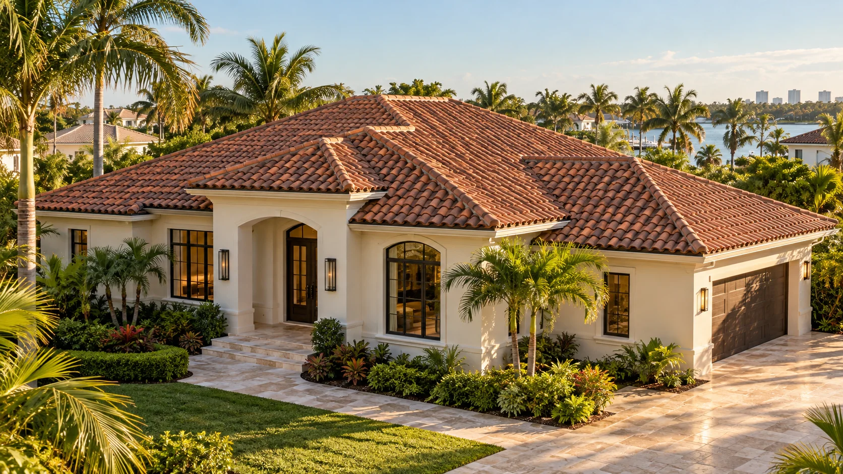 Generated architectural concept of a sunlit Miami stucco home with a terracotta roof